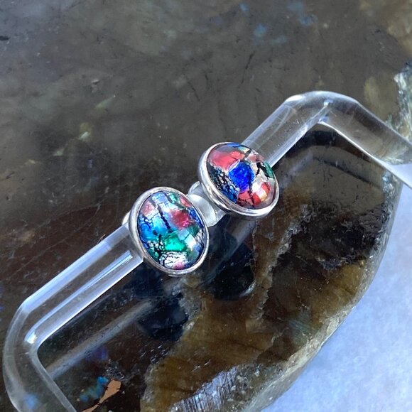 Sterling Silver 925 Dainty Oval Dichroic Glass Cabochon Stud Earrings - Picture 12 of 16